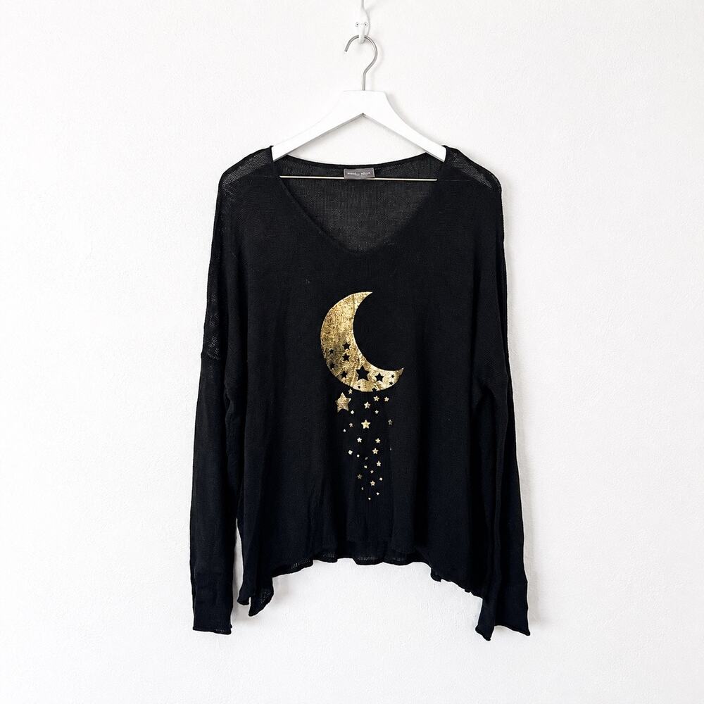 Wooden Ships M/L Black Moon Stars Sweater Sheer Knit Whimsigoth Celestial Boho
